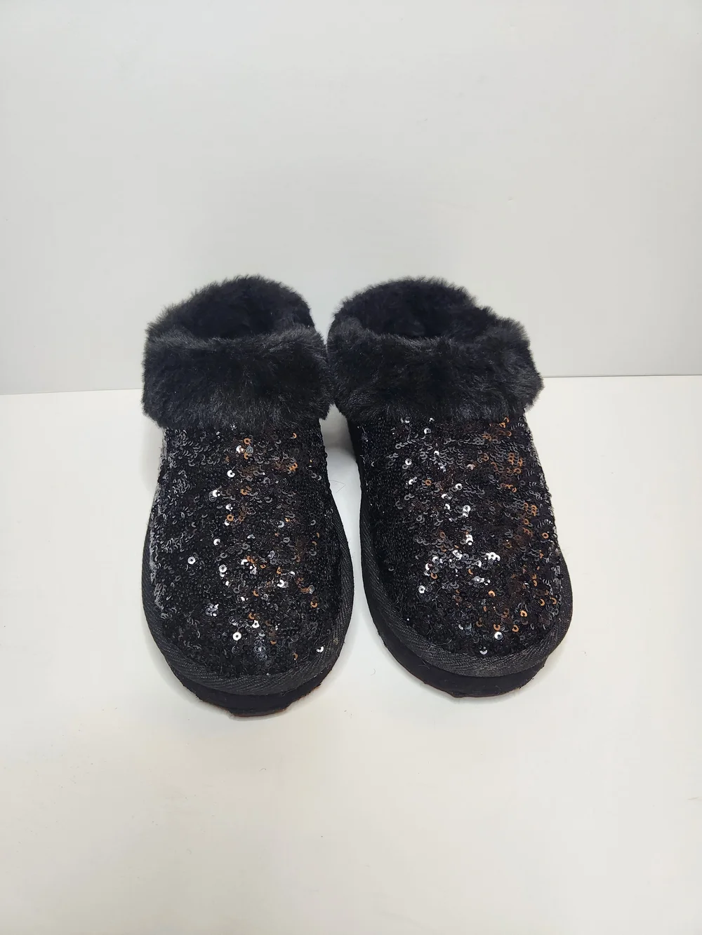 Kids Black Sequin Faux-Fur Mules